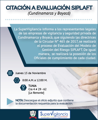 Citación a Evaluación de implementación del Modelo de Gestión de Riesgos LA/FT para servicios de Cundinamarca y Boyacá - Tunja -
